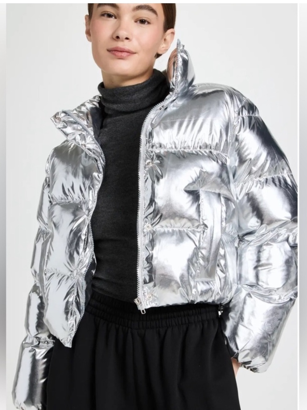 English Factory Metallic Silver Cropped Puffer Jacket Coat Size Large NWT